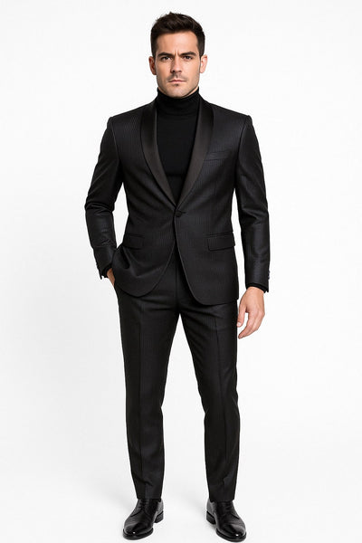 Black Glitter Stripe Slim Fit Tuxedo with Shawl Lapel