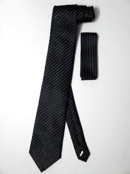 Neck Tie Set Black W/ Metallic Silver - Men's Neck Ties - Mens Dress Tie - Trendy Mens Ties