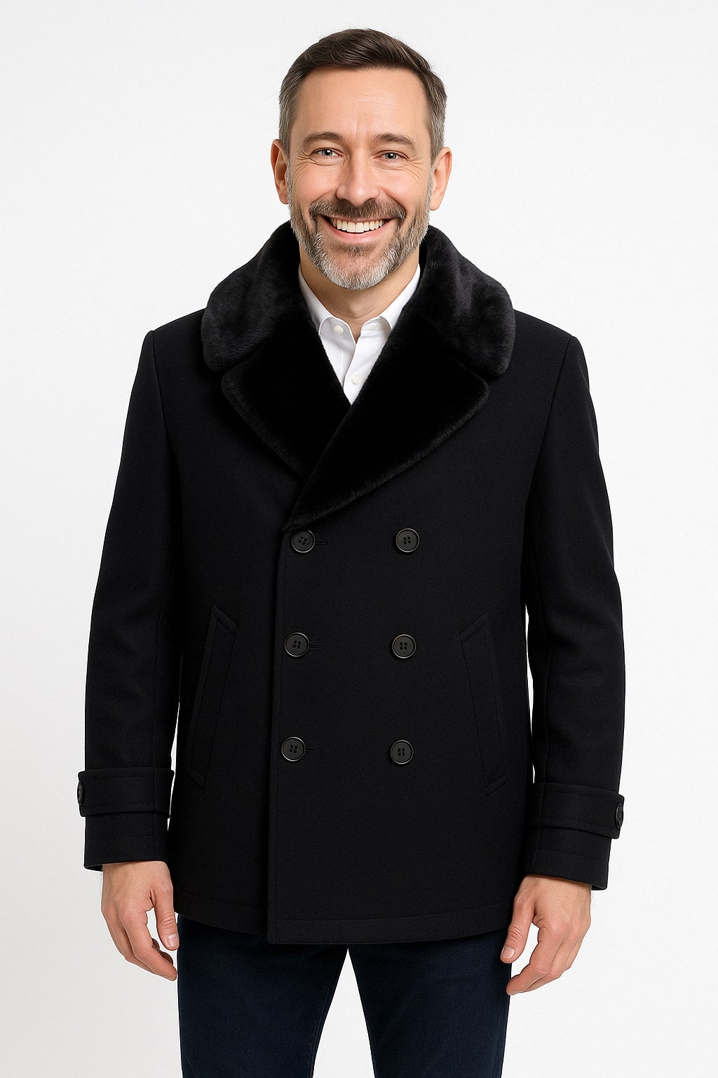 Black Wool Peacoat with Faux Fur Shawl Collar