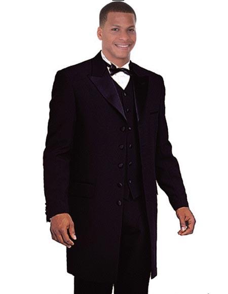 Black Vested Zoot Suit Sateen Lapel Long Style Fashion Peak Lapel Fashion Tuxedo For Men