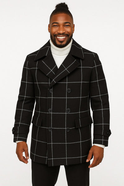 Black Windowpane Double-Breasted Wool Overcoat