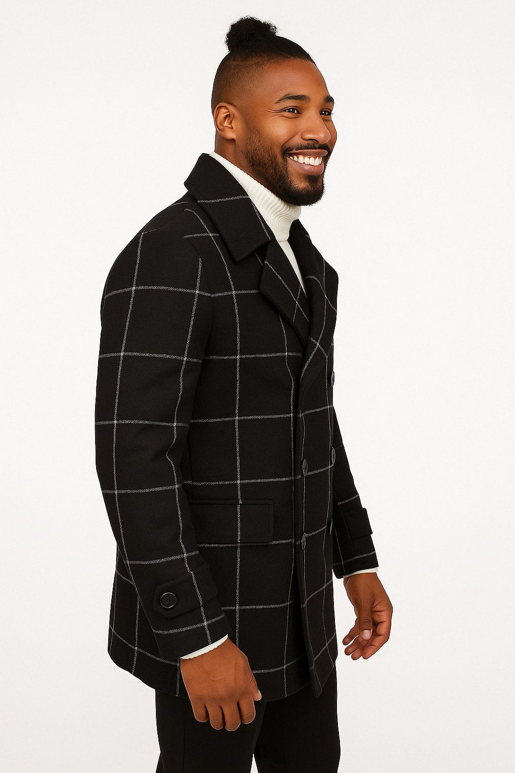 Black Windowpane Double-Breasted Wool Overcoat