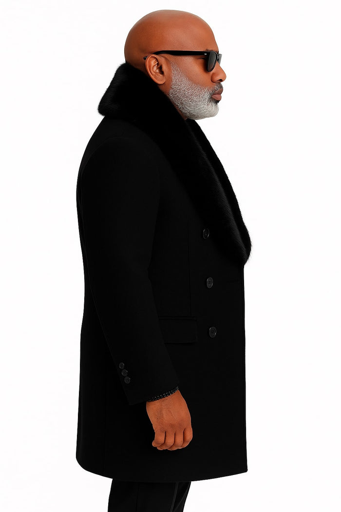 Men's Double-Breasted Overcoat with Faux Fur Collar