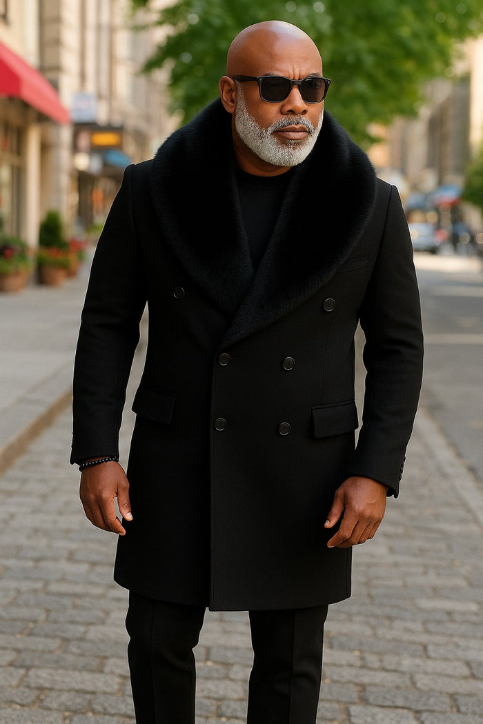 Men's Double-Breasted Overcoat with Faux Fur Collar