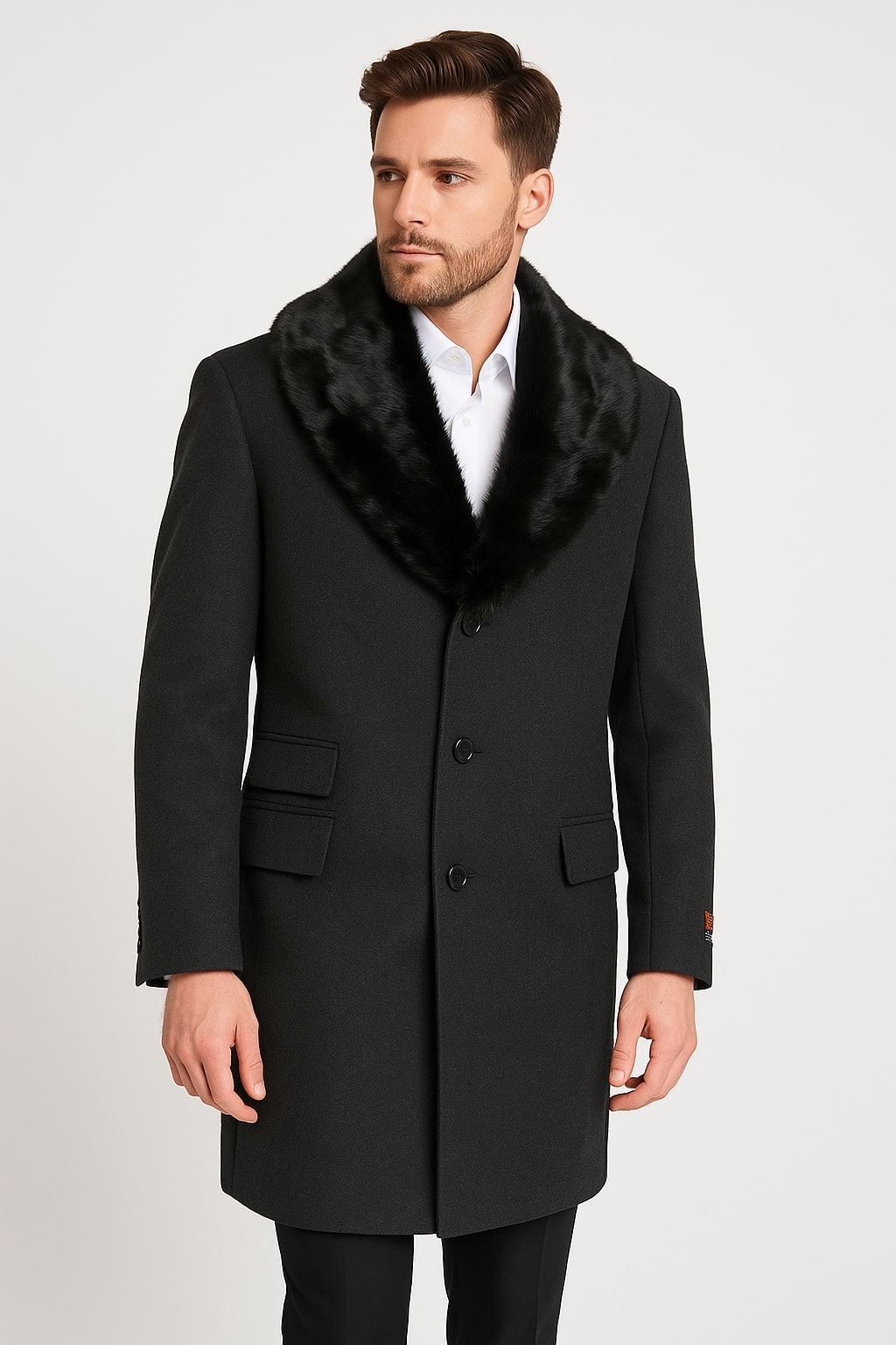 Black Wool Overcoat with Faux Fur Collar