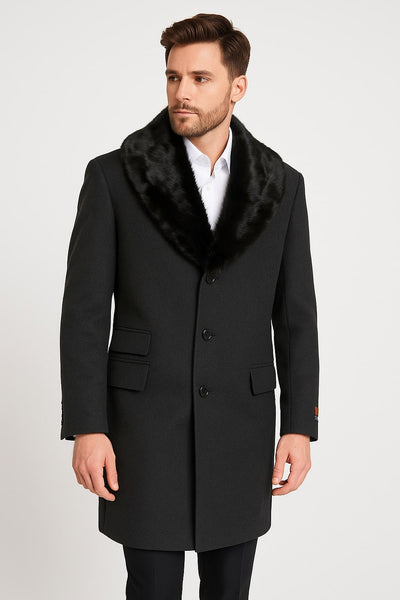 Black Wool Overcoat with Faux Fur Collar