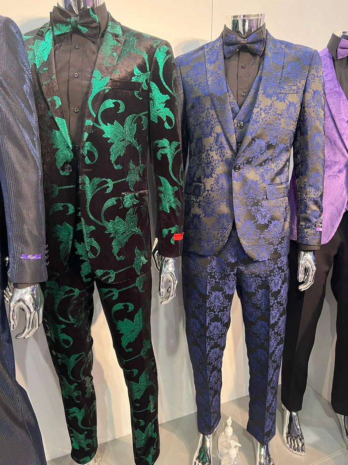 Black & Green Velvet Floral Slim Tuxedo 2-Piece
