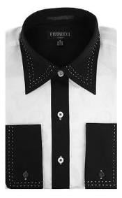 Two Toned Lay Down Collar Microfiber Design Two Tone Stitched Regular Fit Black and White Men's Dress Shirt