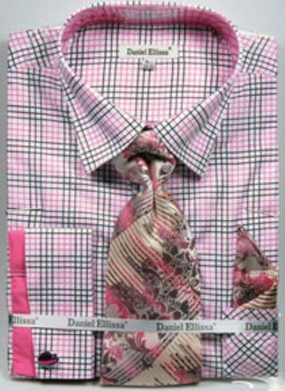 Pink Color Daniel Ellissa Graph Checker French Cuff Set Black/Fuchsia ~ fuschia Men's Dress Shirt