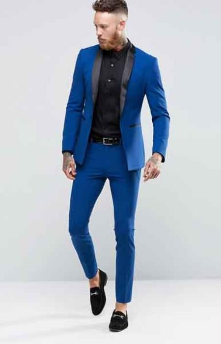 Men’s Blue 1 Button Blazer with Black Pants, Formal Prom Wedding Party Suit Set