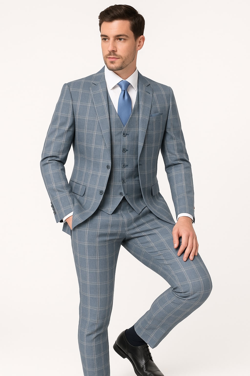 Blue Windowpane Slim 3 Piece Suit - Stretch Fit