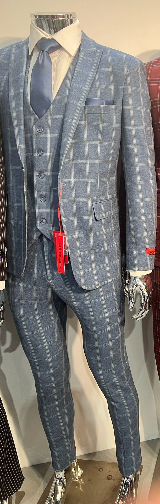 Blue Windowpane Slim 3 Piece Suit - Stretch Fit