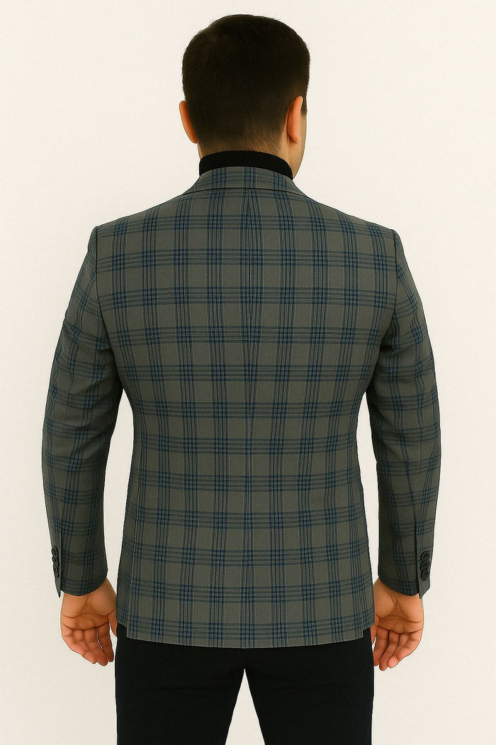 Blue & Grey Windowpane Plaid Blazer for Men