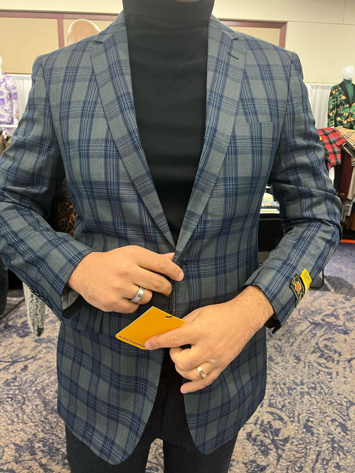 Blue & Grey Windowpane Plaid Blazer for Men