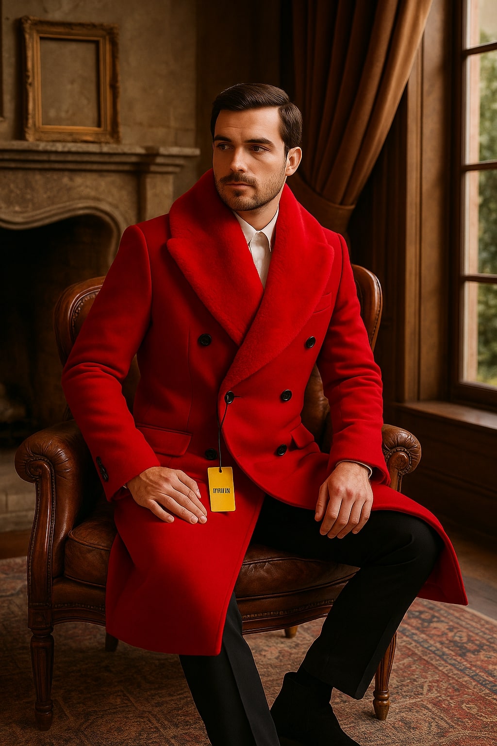 Double Breasted Red Overcoat with Faux Fur Collar