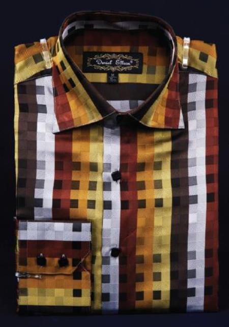Brown Fancy Polyester Dress Fashion Shirt With Button Cuff Men's Dress Shirt Night Club Outfit guys Wear For Men Clothing Fashion