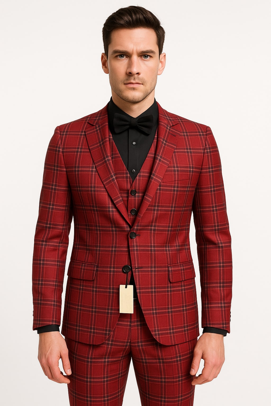 Red Tartan Christmas Suit - Holiday New Year Event Red with Gold Buttons Tuxedo Double Breasted Style