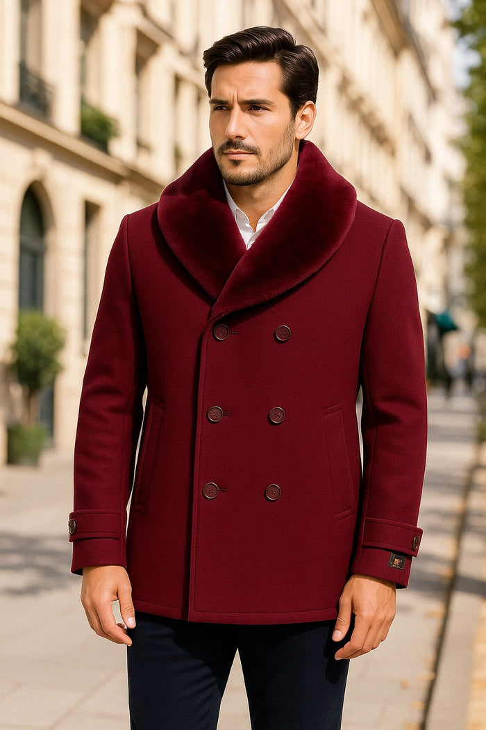Burgundy Double-Breasted Overcoat with Faux Fur Collar