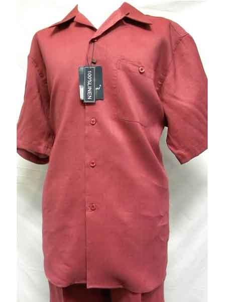 Men's 2 Piece Burgundy Linen Short Sleeve Casual Two Piece Mens Walking Outfit For Sale Pant Sets Casual Big Size Suit