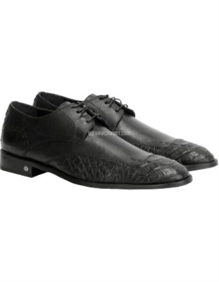 Black Caiman Belly Leather Derby Shoes for Men