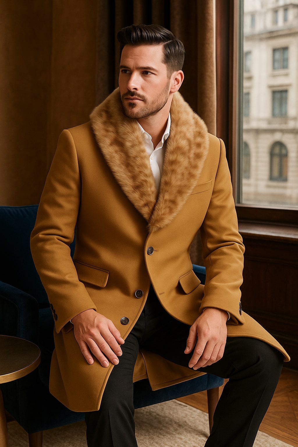 Camel Wool Overcoat with Faux Fur Collar