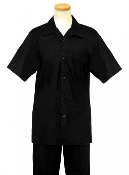 Mens Linen Suit - Cotton Short sleeves 2 Piece Summer Casual Two Piece Mens Walking Outfit For Sale Pant Sets Casual Suit Short sleeve Shirt + Pants Black