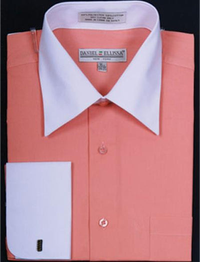 Daniel Ellissa Two Tone Coral French Cuff Dress Shirt Big and Tall Sizes White Collar Two Toned Contrast Salmon ~ Melon ~ Peachish Pinkish Color 18 19 20 21 22 Inch Neck Men's Dress Shirt