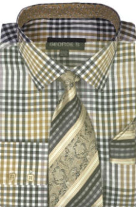 George's 60% Cotton 40% Polyster Checkered Shirt Tie and Handkerchief Brown