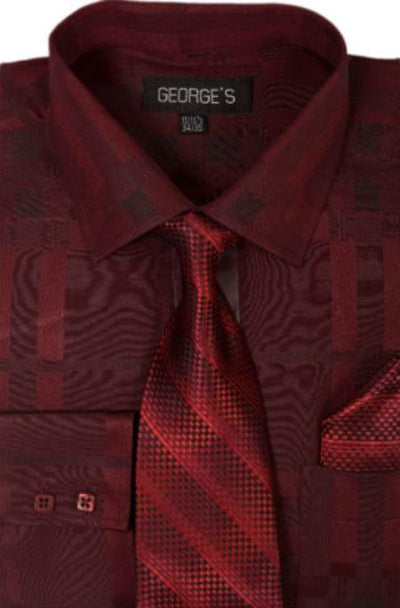 Cotton Geometric Pattern Dress Shirt with Tie and Handkerchief Burgundy ~ Wine ~ Maroon Color Men's Dress Shirt