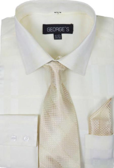 Cotton Geometric Pattern Dress Shirt with Tie and Handkerchief Cream Men's Dress Shirt
