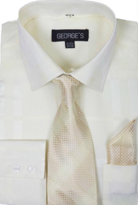 Cotton Geometric Pattern Dress Shirt with Tie and Handkerchief Cream Men's Dress Shirt