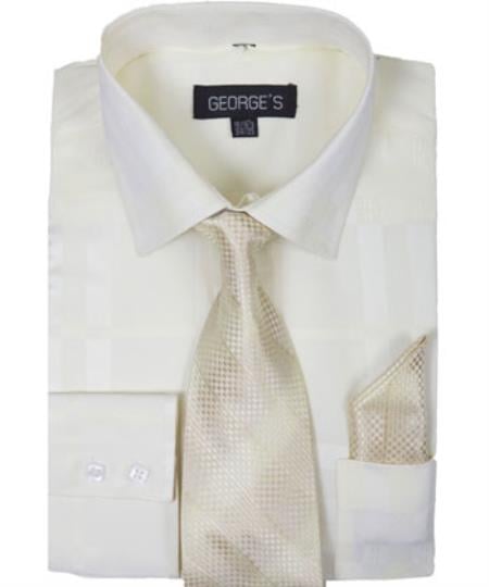Cream 60% Cotton 40% Polyester Shadow Striped Tie with Hanky Men's Dress Shirt