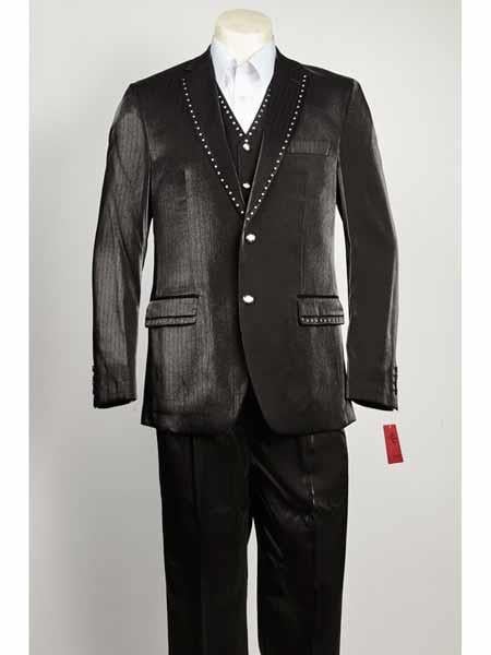 Men's 3 Piece Black Color Sharkskin Vested Rhinestone Entertainer Suit