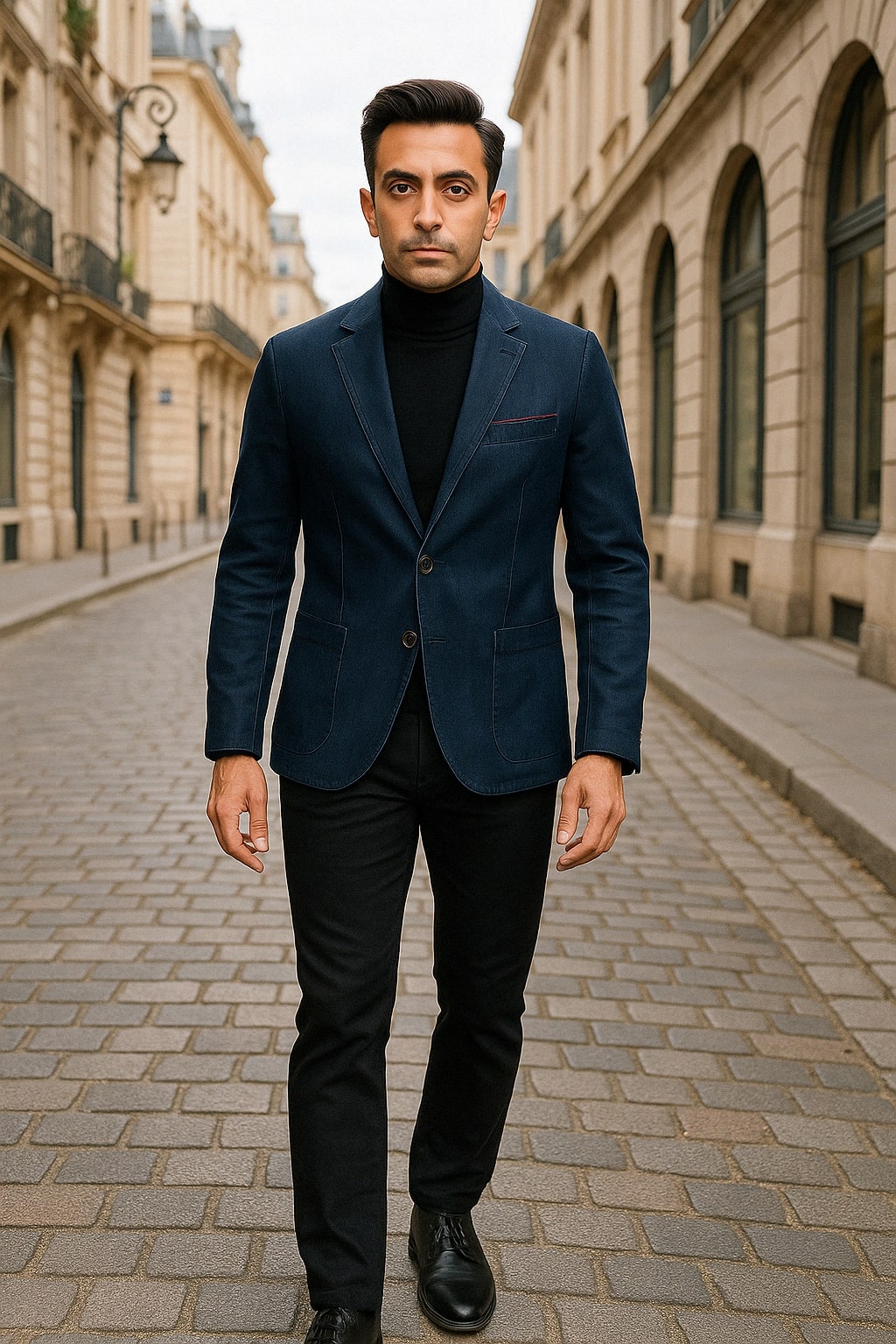 Dark Blue Denim Blazer - Notch Lapel, Single Button