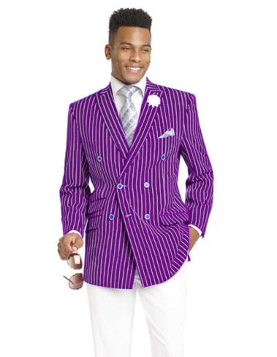 Purple Double Breasted Pinstripe Blazer