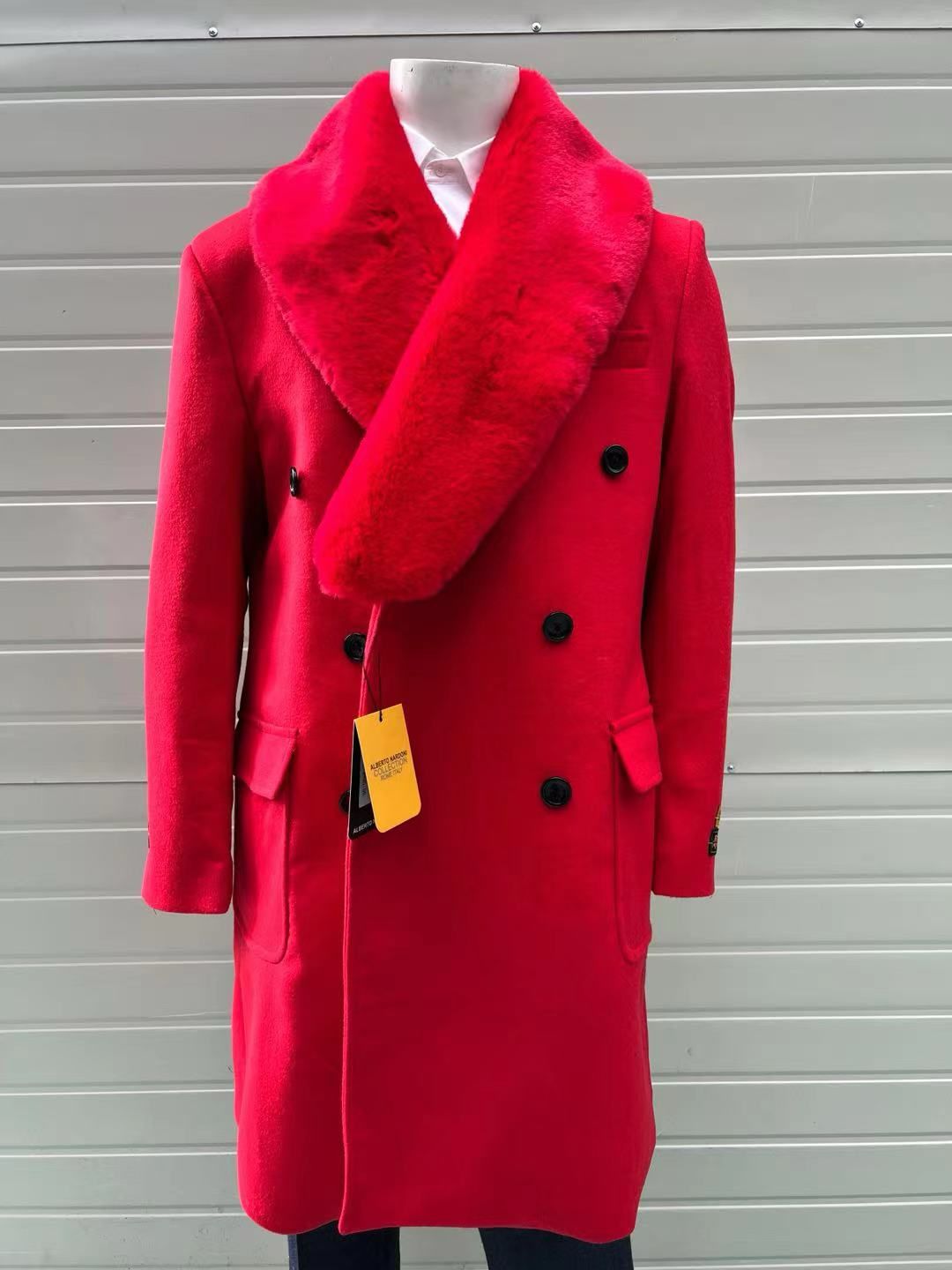 Double Breasted Red Overcoat with Faux Fur Collar