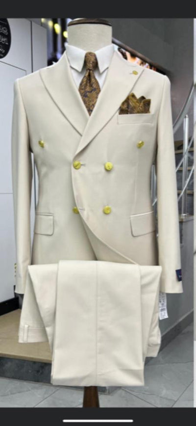 Light Tan Double Breasted Wool Suit with Gold Buttons
