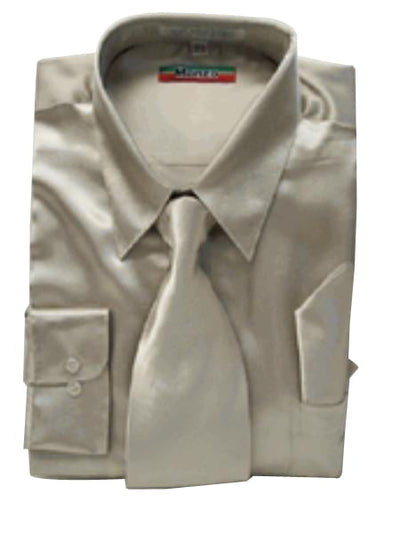 Fashion Cheap Priced Sale Men's New Mezzo Khaki Satin Dress Shirt Combinations Set Tie Combo Shirts Men's Dress Shirt