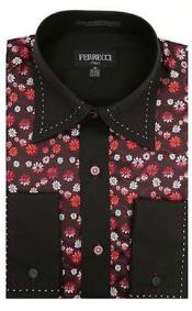 Two Toned Lay Down Collar Microfiber Solid Accents Multi-colored Floral Design Red Men's Dress Shirt