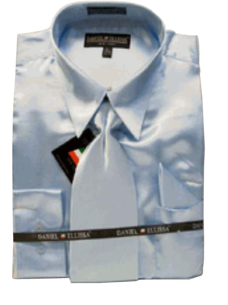 Fashion Cheap Priced Sale Men's New Light Blue ~ Sky Blue Satin Dress Shirt Combinations Set Men's Dress Shirt