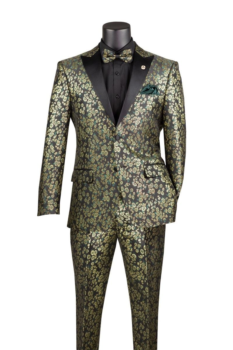 Emerald Green Gold Floral Tuxedo for Men