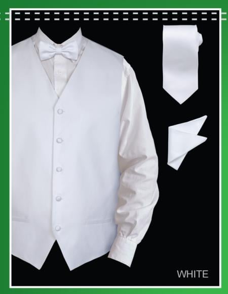 Men's 4 Piece Groomsmen Dress Tuxedo Wedding Vest ~ Waistcoat ~ Waist coat Set (Bow Tie, Neck Tie, Hanky) - Jacquard White - Men's Neck Ties - Mens Dress Tie - Trendy Mens Ties