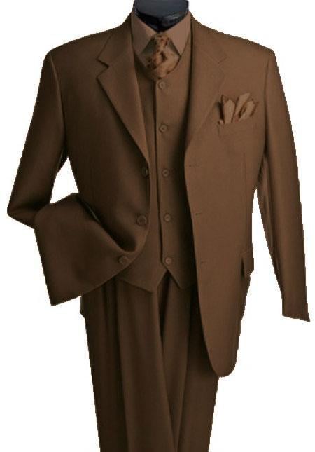 Men's 3 Piece Vested 3 Buttons Brown Three Piece Suit Side Vent Pleated Pants