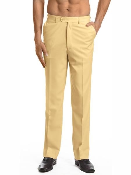 Men's Dress Pants Trousers Flat Front Slacks Gold