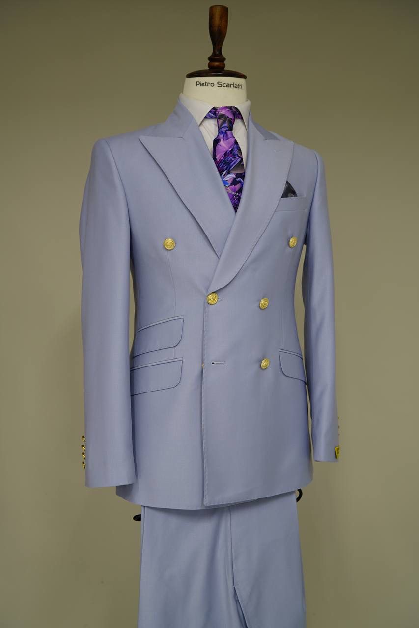 Light Blue Slim Double-Breasted Suit Gold Buttons