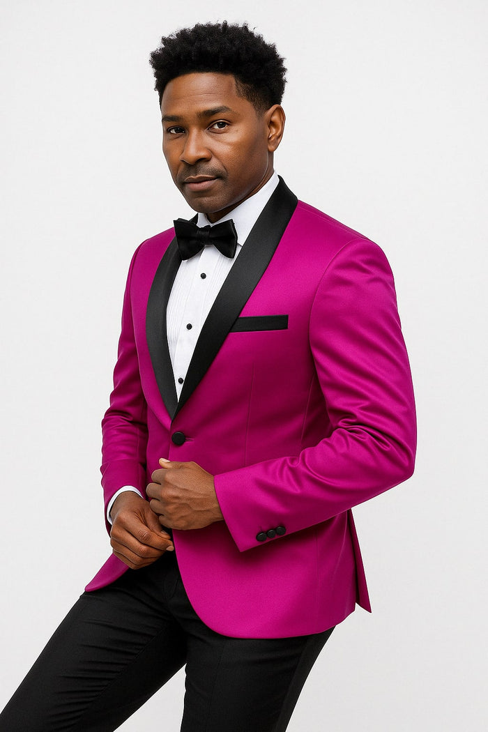 Fuchsia Satin Tuxedo Jacket with Black Peak Lapel