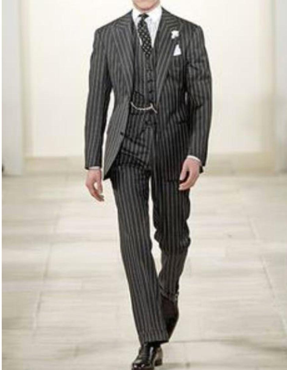 Men's Gangster Pinstripe 2-Button Suit, Black & White