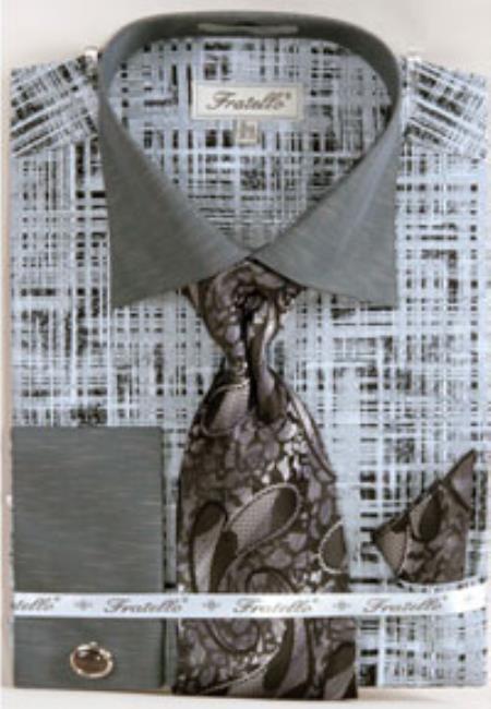 Men's Black/Gray Fratello Tone on Tone French Cuff Dress Shirt Set