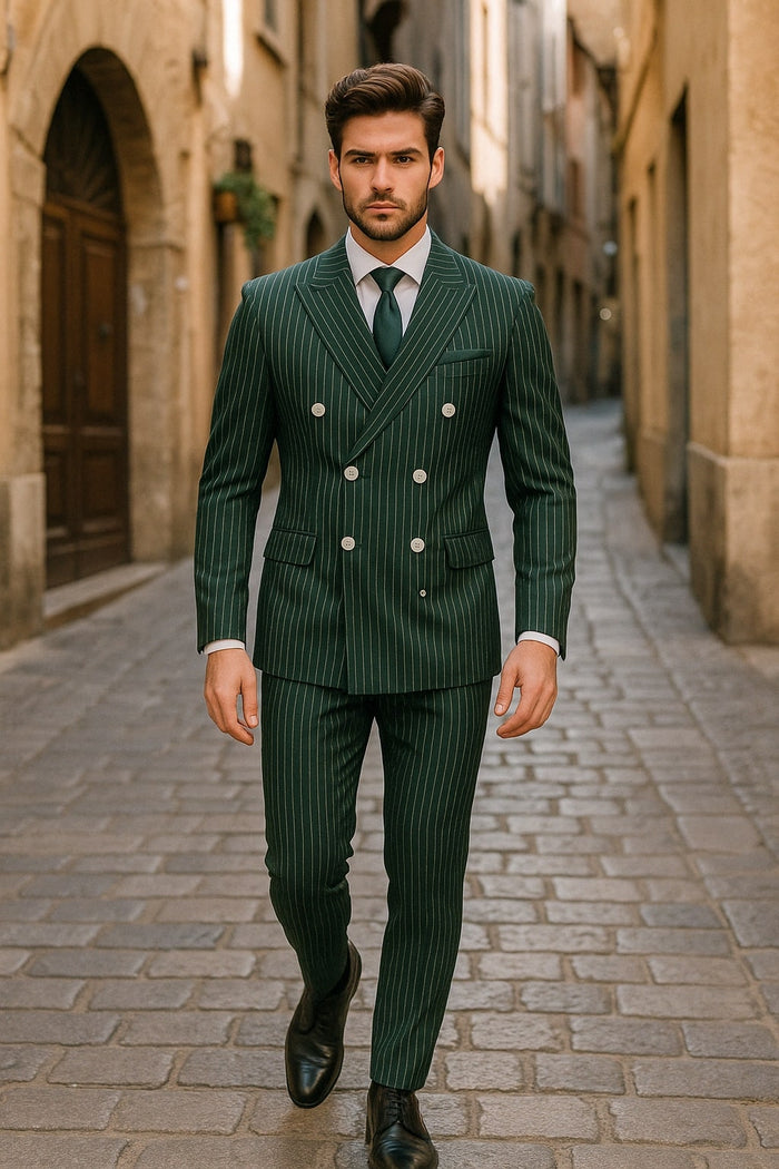 Green Pinstripe Double-Breasted Suit - Slim Fit