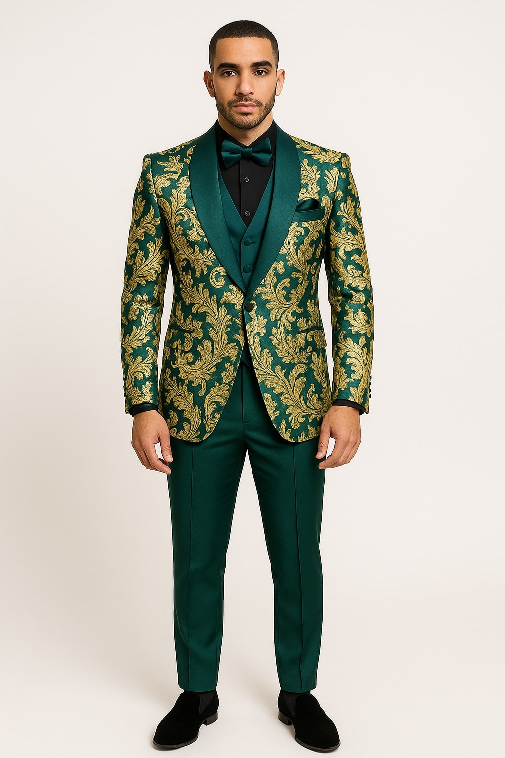 Mens Green and Gold Embroidered Tuxedo – 3-Piece Prom Suit Green and Gold / 40 Short Jacket+34 Waist Adjust 30to36)(Height: 5 4 to5 7 )(Neck 15.5-17)M